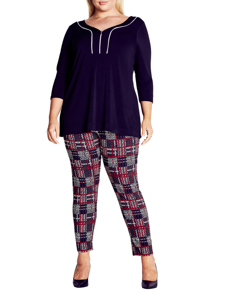 Front of a model wearing a size 18 Jemma Check Pant in Red / White by avenue. | dia_product_style_image_id:310388